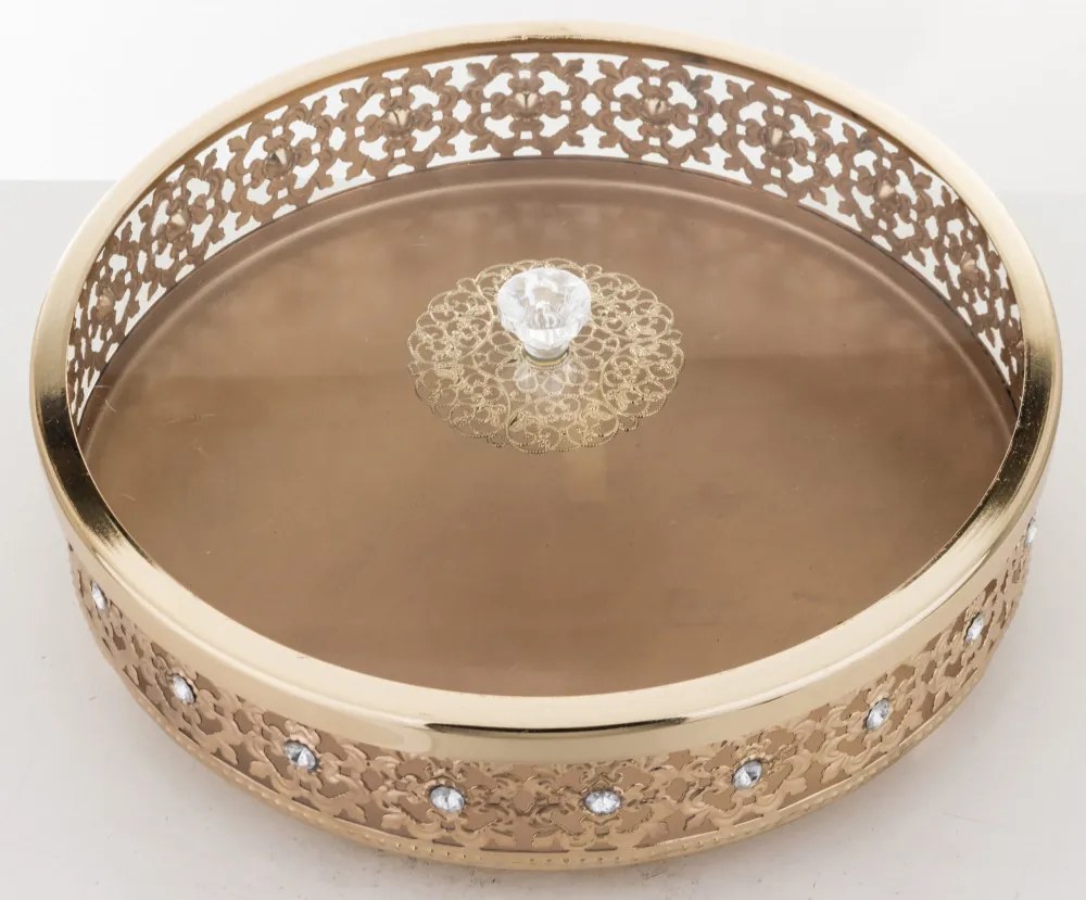 Elegáns magasfényű sárgaarany színű kerek fém üveg fedeles ékszertartó ládika 9x25,5x25,5cm
