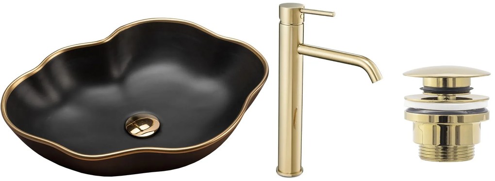 készlet Pultos mosdó Pearl black matt gold edge + Fürdőszobai csaptelep Lungo gold + Dugó gold