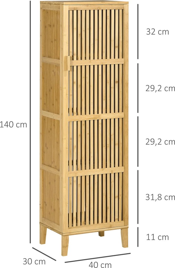 HOMCOM Bambusz Tároló Szekrény 4 Szinttel és Rácsos Ajtóval Fürdőszobába, Hálószobába és Nappaliba 40 x 30 x 140 cm | Aosom