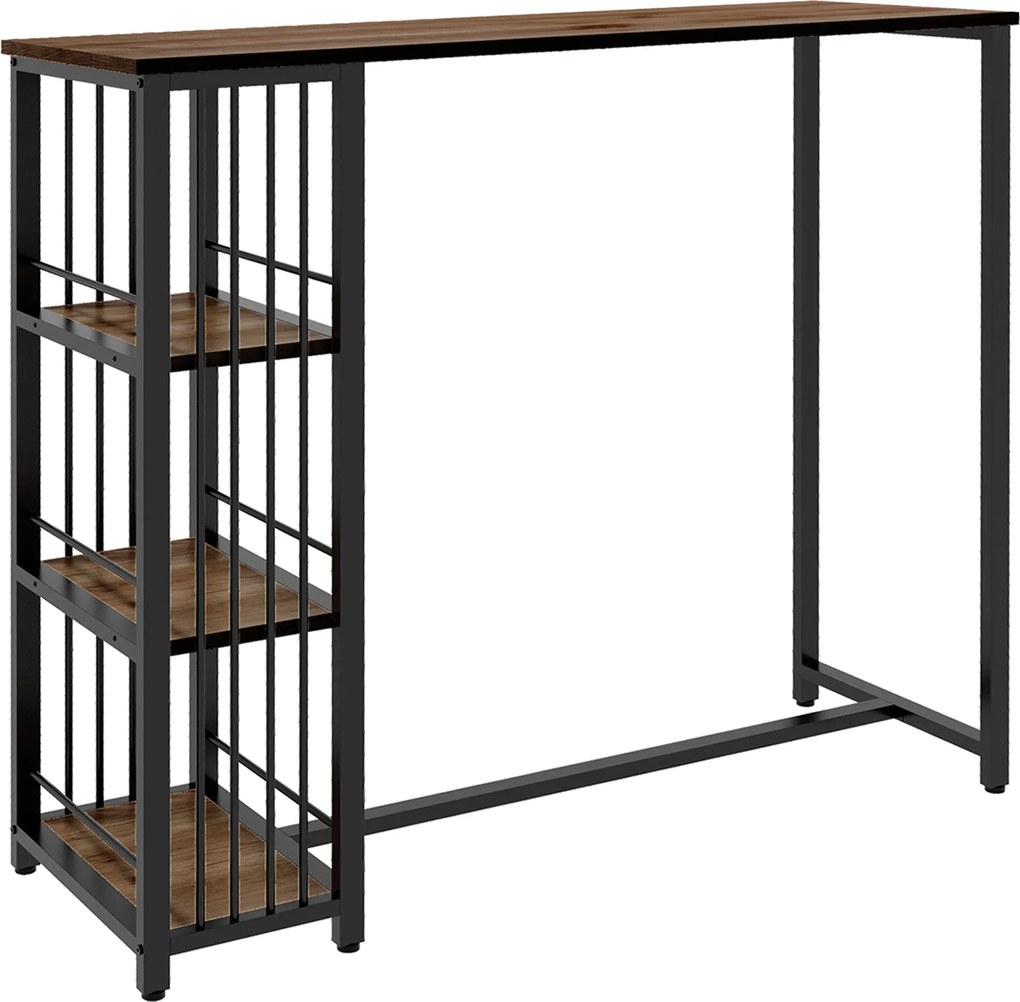 HOMCOM Bárasztal Magas Asztal Pult Asztal 3 Polccal, Konyhai Asztal Fa Hatású, Acélvázzal, Étkezőbe, Konyhába, Barna, 120 x 40 x 105 cm | Aosom