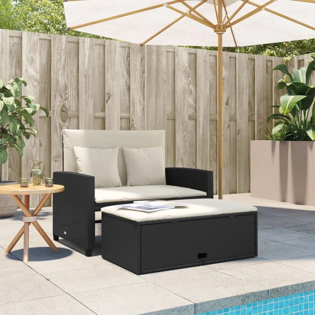 2 személyes fekete polyrattan kerti kanapé párnával