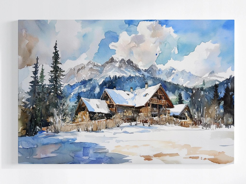 Vászonkép Canvas Tél Tájkép Hegyek Akvarell Házak Alpok Hó 60x40