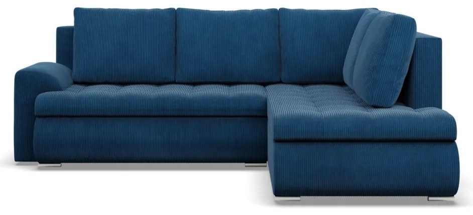 Tokio sarokkanapé, L alakú háttámlával, 2 ágyneműtartóval, kordbársony, jobboldali, kék