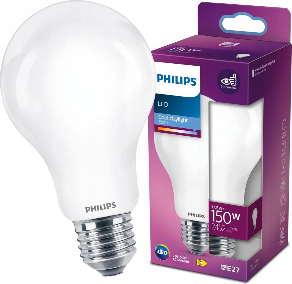 Led izzó Philips E27 17.5W 150W 2452lm 6500K Hideg Filament Erős