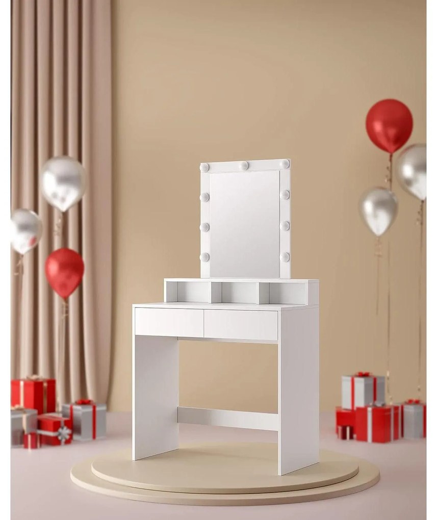 Fésülködőasztal, sminkasztal tükörrel fiókokkal, fehér 80x40x145cm