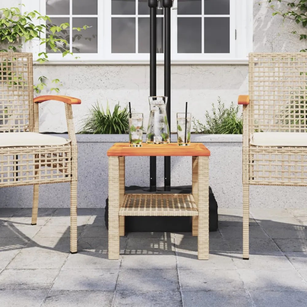 bézs polyrattan és akácfa kerti asztal 40 x 40 x 42 cm