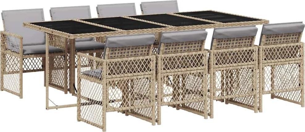 vidaXL 9 részes bézs polyrattan kerti étkezőgarnitúra párnákkal