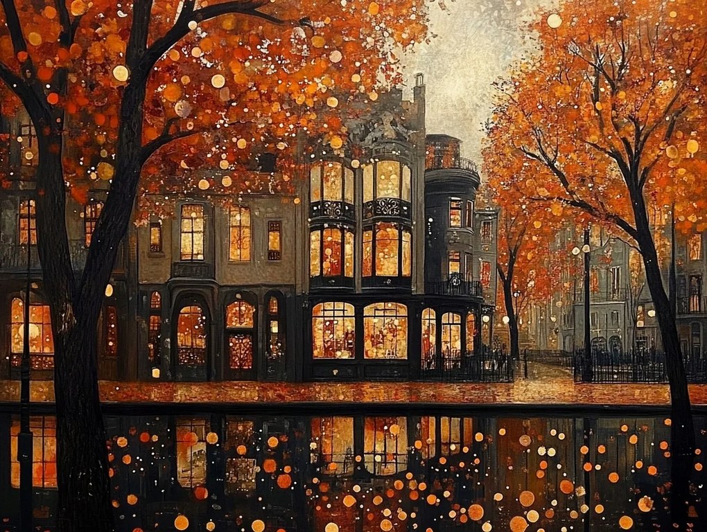 Vászonkép Canvas Város Utca Bérházak Ősz Levelek Eső 80x60