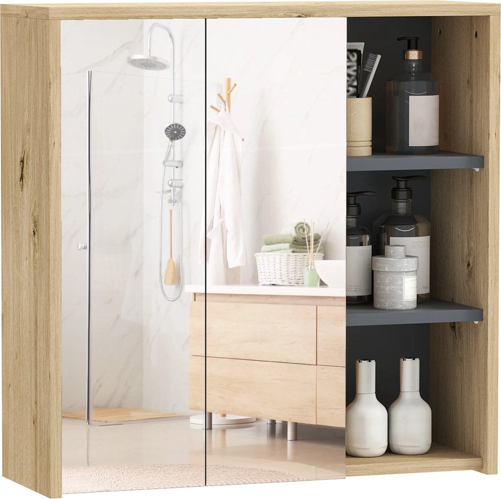 HOMCOM Fürdőszobai Szekrény Tükörrel Fali Fürdőszobai Tükörszekrény Polcokkal Modern Stílus 60x20x60 cm Természetes Fa | Aosom