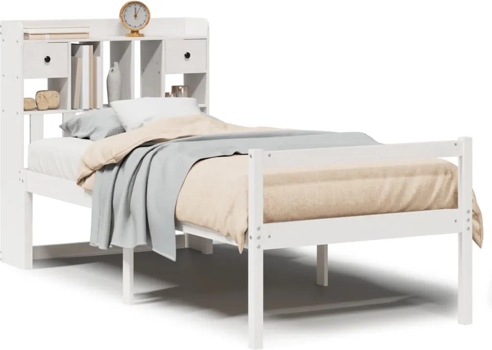 vidaXL fehér tömör fenyőfa könyvespolcos ágy matrac nélkül 75 x 190 cm