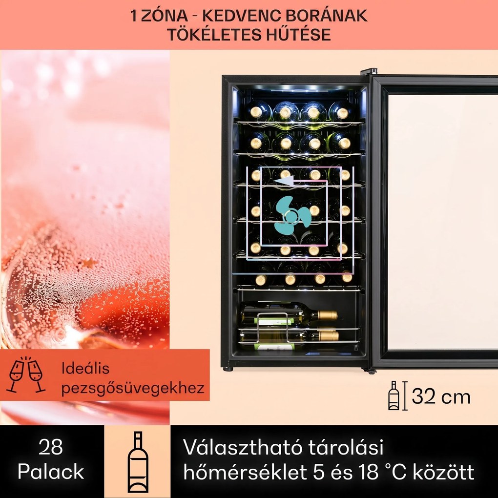Klarstein Shiraz 28 Uno, borhűtő, 74 liter, 28 palack, 5-18°C, érintőképernyős vezérlőpanel