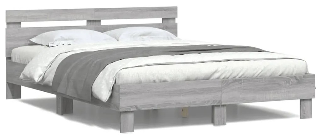 szürke sonoma színű ágykeret fejtámlával és LED-del 140x190 cm