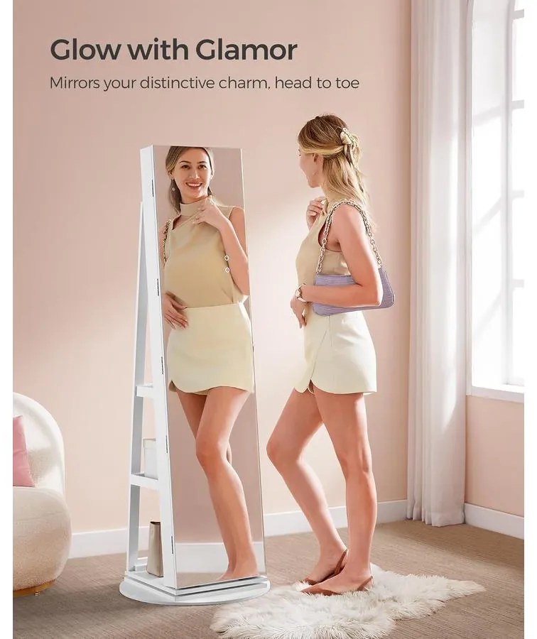 SONGMICS ékszerszekrény, tükrös szekrény 360°-ban forgatható, fehér felülettel és greige