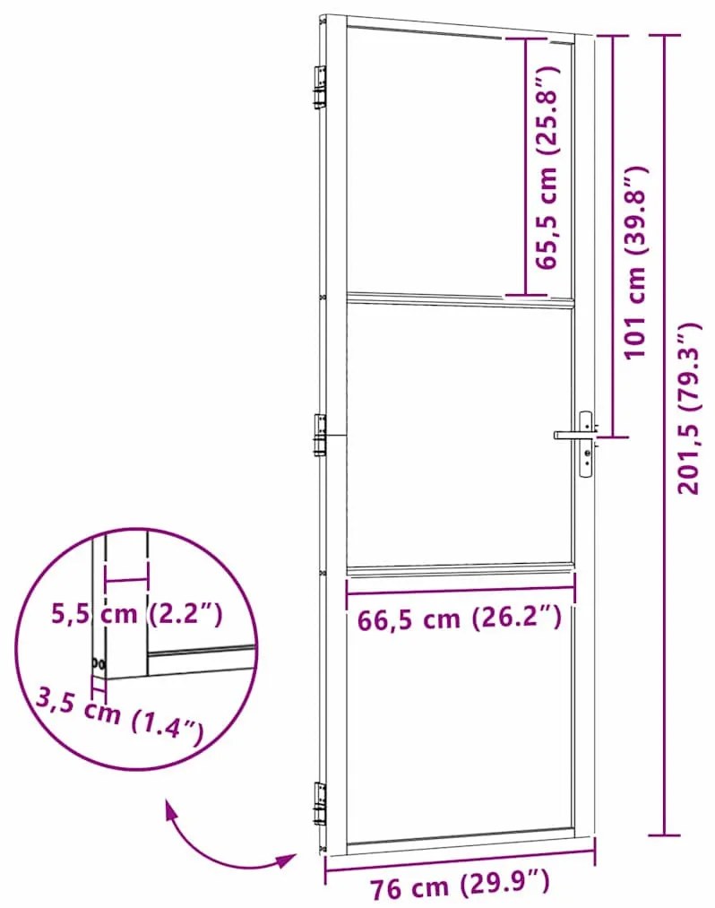 Belső Ajtó Fekete 76 x 201.5 cm Edzett üveg, Alumínium