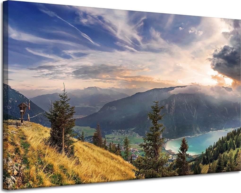 Vászonkép Nap a hegyek felett Felhők Falu 120x80 cm