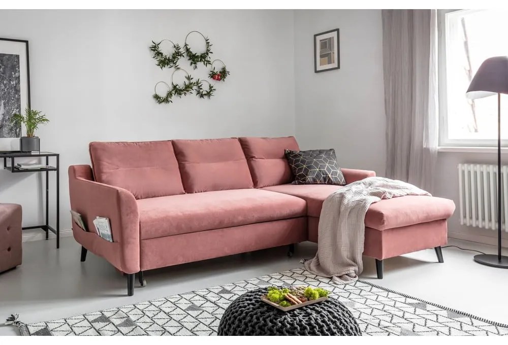 Stylish Stan rózsaszín kinyitható bársony sarokkanapé, jobb oldali - Miuform