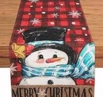 Karácsonyi asztalterítő hóemberrel piros-fekete kockás 35 x 240cm