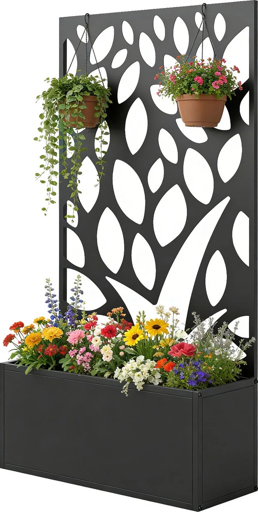 Outsunny emelt fém virágláda privát panellel és karráccsal, 61 x 23 x 113 cm | Aosom