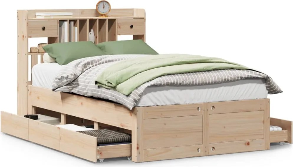 vidaXL tömör fenyőfa könyvespolcos ágy matrac nélkül 135 x 190 cm