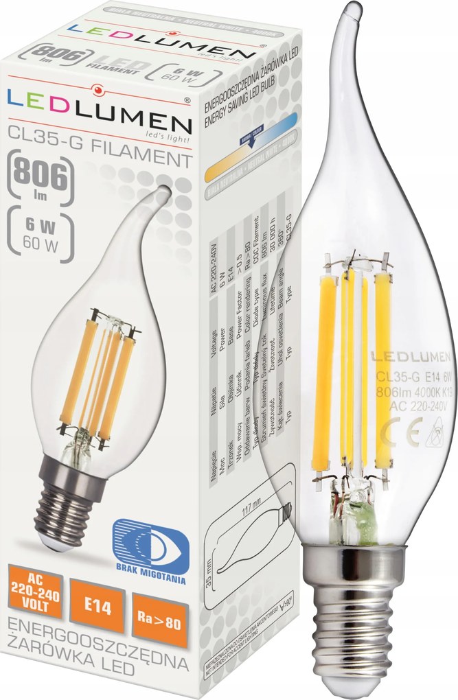 Led izzó E14 Gyertya 6W=60W Filament 806lm Dekoratív Nincs villódzás 4000K
