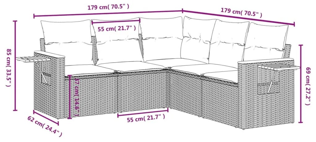 5 részes szürke polyrattan kerti ülőgarnitúra párnákkal