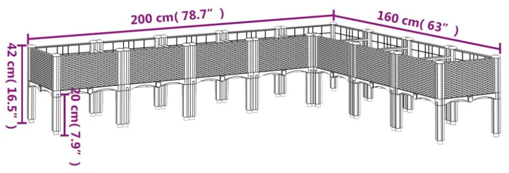vidaXL világosszürke PP rácsos kerti ültetőláda 200 x 160 x 42 cm