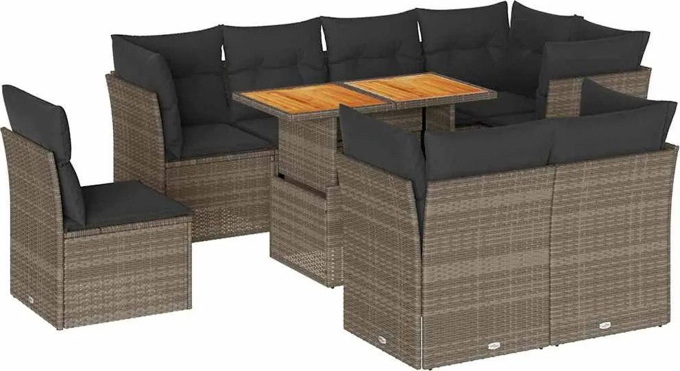 vidaXL 9 részes szürke polyrattan kerti ülőgarnitúra párnákkal