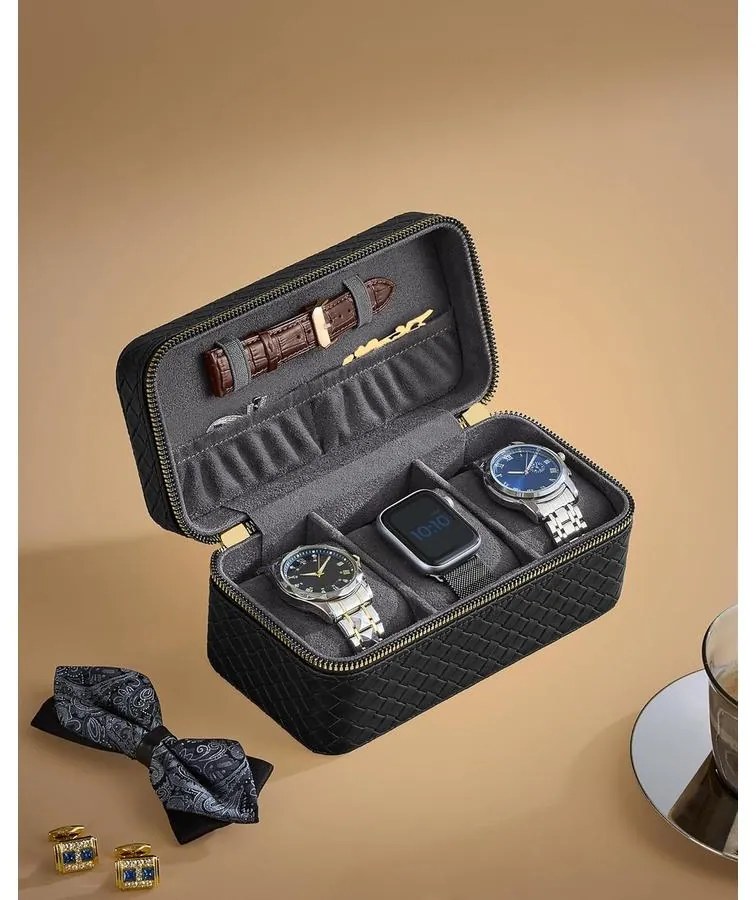 3 nyílásos óra utazótok, óradoboz 3 órához, tinta fekete felület, palaszürke bélés