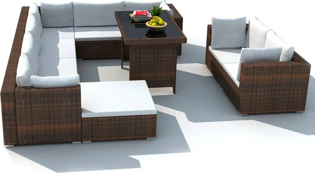 vidaXL 10-részes barna polyrattan kerti bútorszett párnákkal
