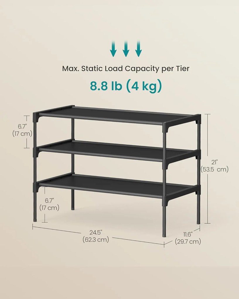 3 szintes cipőtartó állvány 29,7 x 62,3 x 53,5 cm, fekete