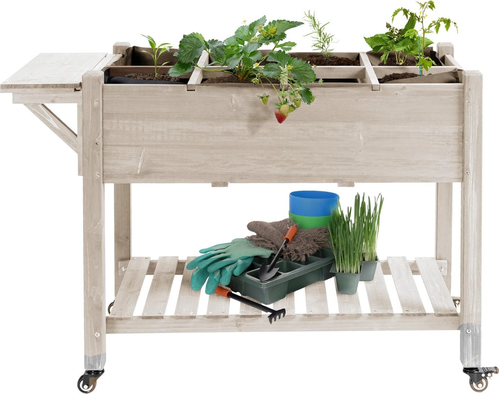 Outsunny Kerekes Ágyásszekrény - Polc, Hajtható Oldalsó Polc, Öntöző Berendezések, Draináló Filc Tartozék - Előkezelt Lucfenyő dim. 123L x 54W x 87H c