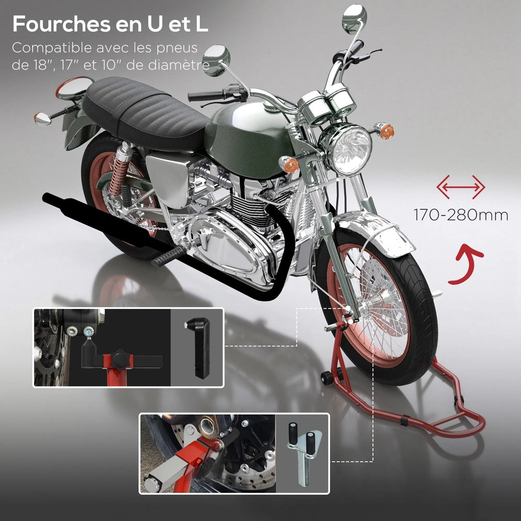 HOMCOM Első Kerékmotor Állvány Motoremelő U és L Alakú Lengőkarokkal, Univerzális Acél Műhelyi Emelő Állvány Piros Színben | Aosom