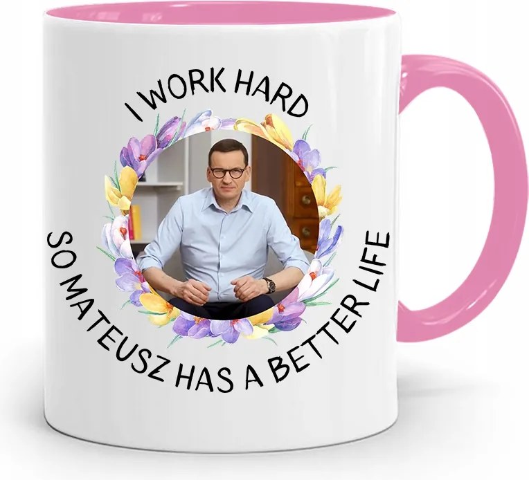 Rózsaszín Politikai Bögre Mateusz Morawiecki Miniszterelnök fényképes nyomtatással
