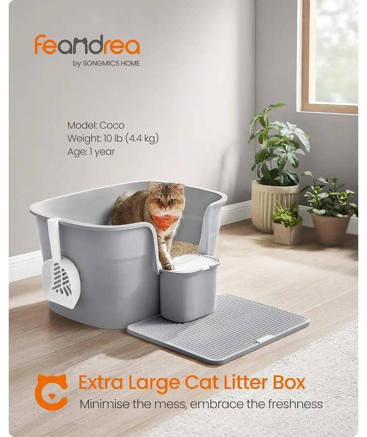 Extra nagy macskaalomdoboz magas oldalfallal, alomfogó ráccsal, szürke színben