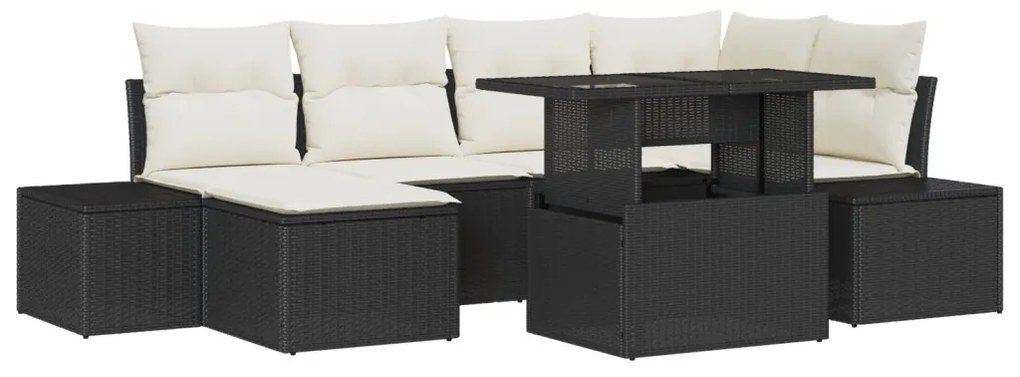 Kerti kanapészett 7-es szett Bézs, Fekete Rattan, Poliészter párnák
