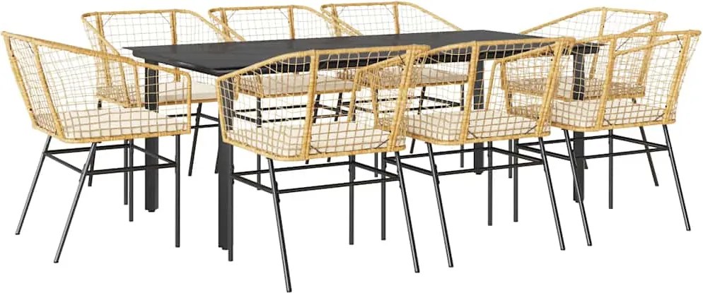 vidaXL 9 észes barna polyrattan üveg kerti étkezőgarnitúra párnával