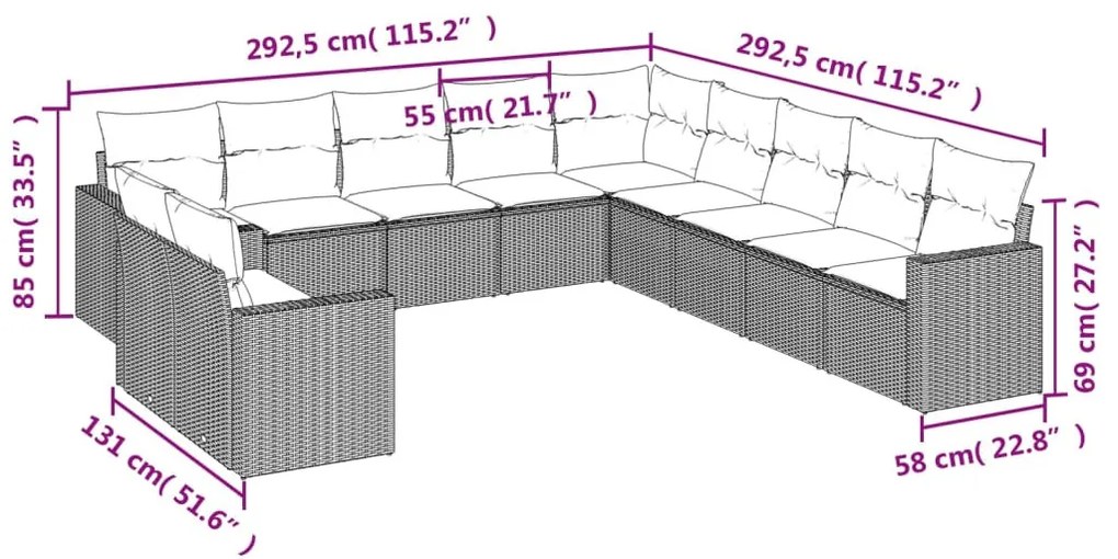 11 részes világosszürke polyrattan kerti ülőgarnitúra párnákkal
