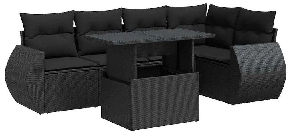 6 részes fekete polyrattan kerti ülőgarnitúra párnákkal