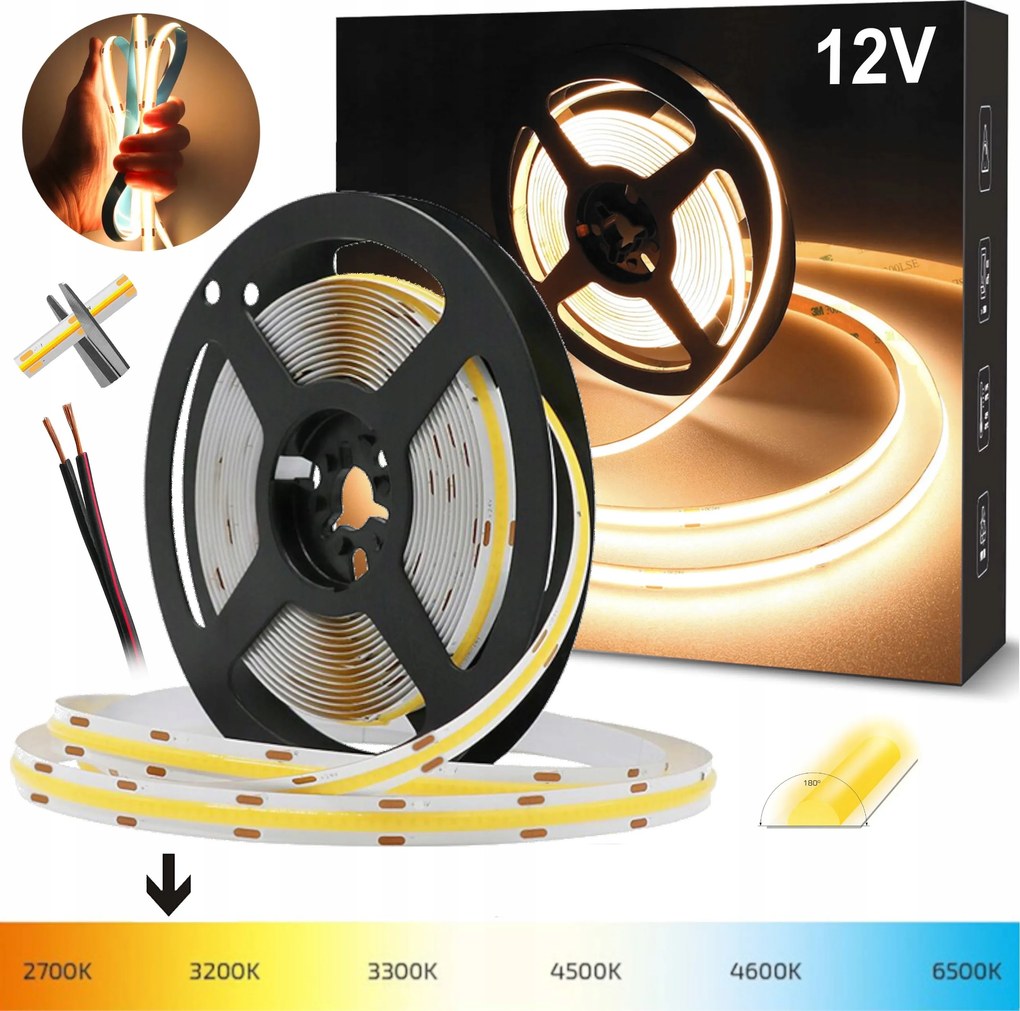 Led Szalag Cob Pro 12V Meleg Fehér 3000K Fényvonal Neon 480LED 9-11W/m