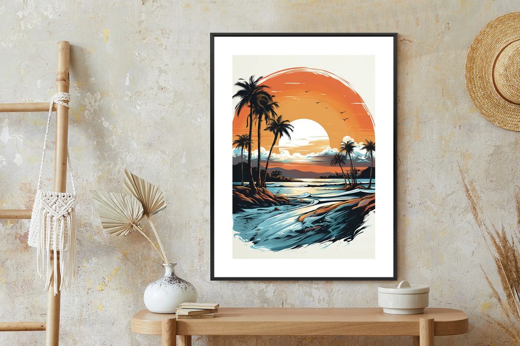 Naplemente pálmafákkal poszter - 40x60 cm, Ezüst paszpartuval