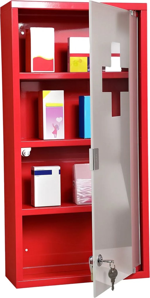 HOMCOM Gyógyszerszekrény - Orvosi Szekrény 3 Szinttel - Elsősegély Szekrény Zárral - Gyógyszertári Szekrény Homályos Üvegajtóval - Acél Piros 27cm x 5
