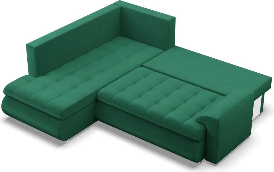 Tokio sarokkanapé, L alakú háttámlával, 2 ágyneműtartóval, bársony, baloldali, zöld