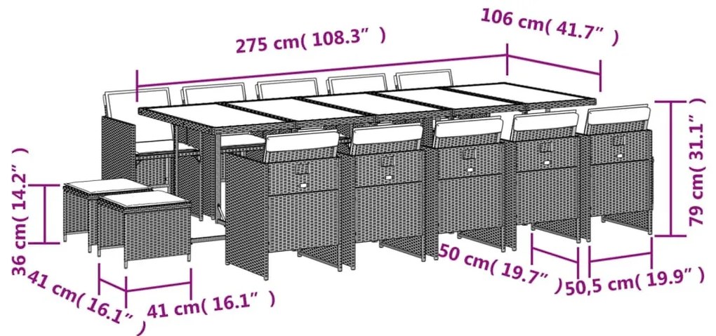 15 részes barna polyrattan kerti ülőgarnitúra párnákkal