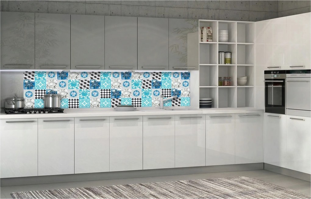 Fotótapéta Virágok Geometria Textúra Csempe Fehér Kék 250x60 +ragasztó