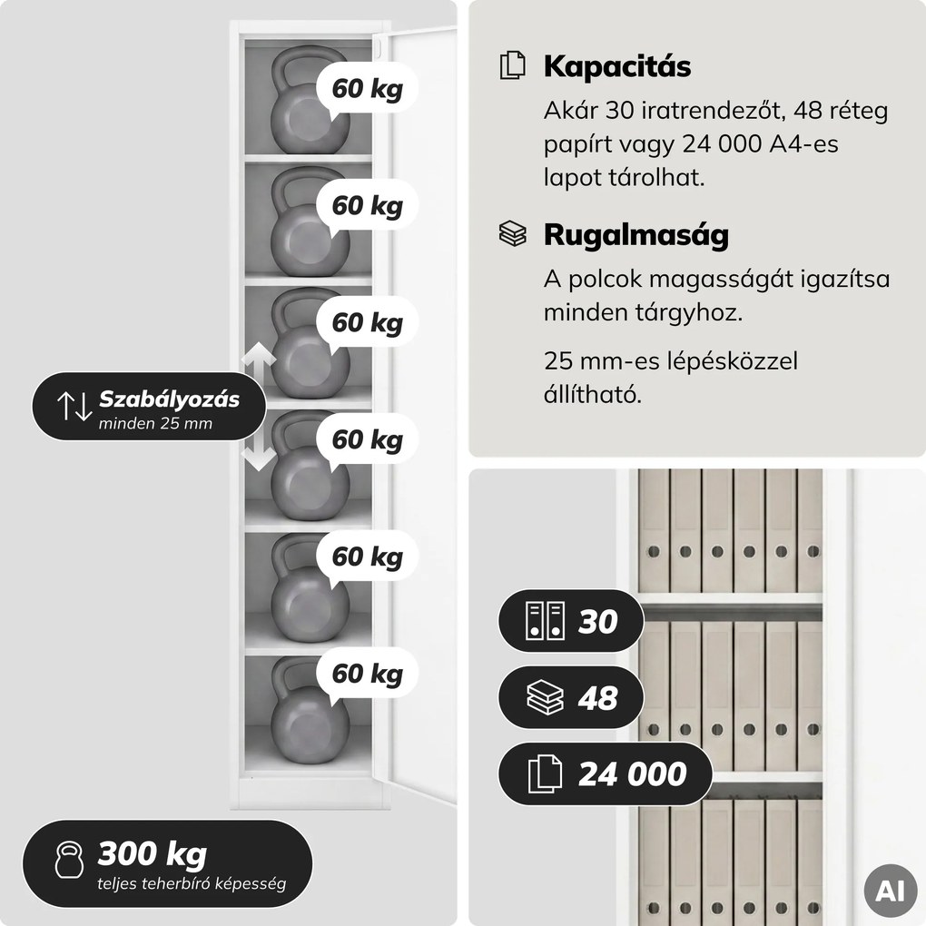 Kartoték irattároló szekrény kulcsra zárható magas fehér, 450x2200x400 mm: ALEX H2200