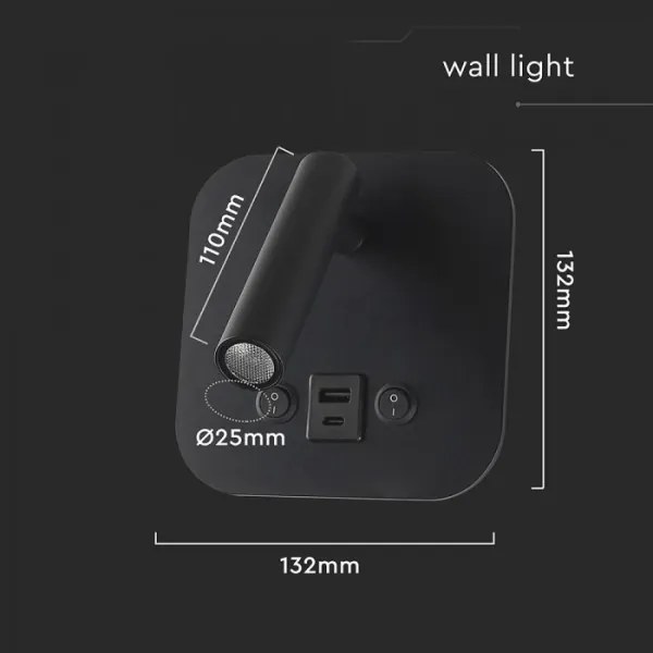 LED fali spotlámpa USB-porttal LED/8W/230V 3000K fekete