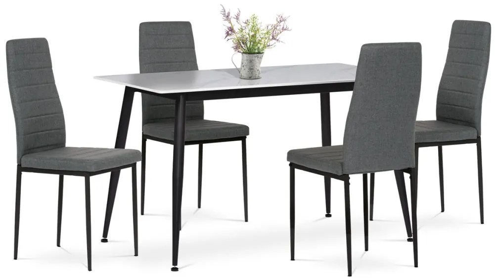Set de dining 1+4, masă 130x70, blat din piatră sinterizată cu imitație de marmură alb mat, scaune tapițate cu material textil gri, finisaj negru lăcuit.
