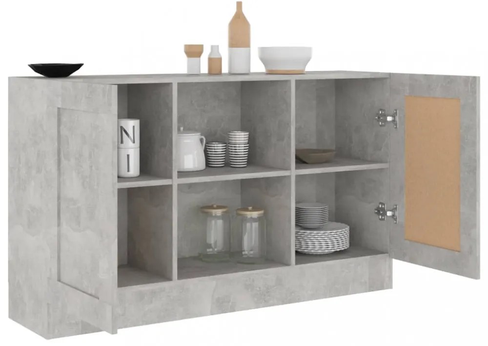 betonszürke szerelt fa tálalószekrény 120 x 30,5 x 70 cm