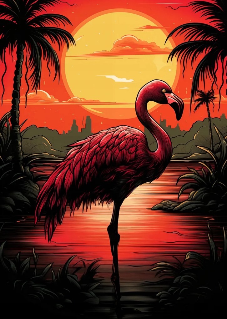 Poszter 64x90cm Flamingó a víz felett