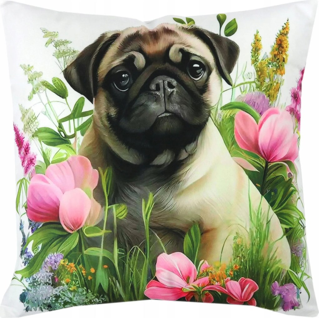 Dekoratív párnahuzat 45x45 Velúr Puha párnahuzat Virágok Mopsz Kutyával